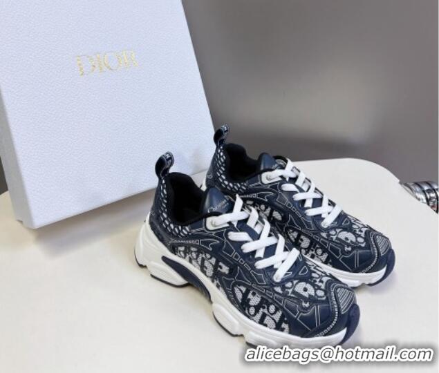 Good Quality Dior Vibe Sneakers in Mesh Printed with Oblique Motif and Leather-Effect Panels Dark Blue 905047