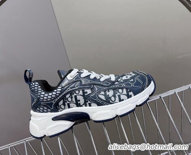 Good Quality Dior Vibe Sneakers in Mesh Printed with Oblique Motif and Leather-Effect Panels Dark Blue 905047