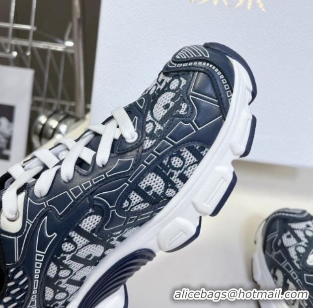 Good Quality Dior Vibe Sneakers in Mesh Printed with Oblique Motif and Leather-Effect Panels Dark Blue 905047