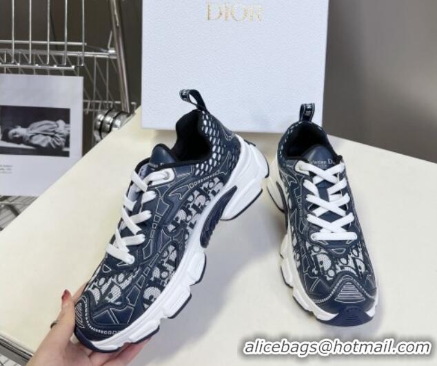 Good Quality Dior Vibe Sneakers in Mesh Printed with Oblique Motif and Leather-Effect Panels Dark Blue 905047