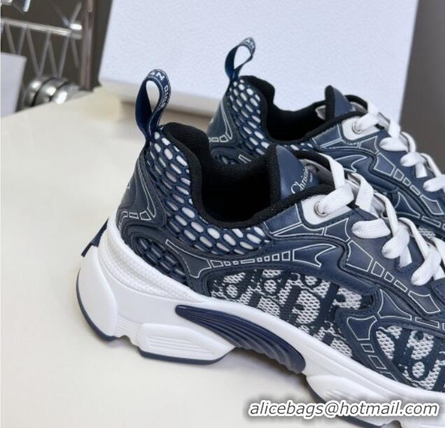 Good Quality Dior Vibe Sneakers in Mesh Printed with Oblique Motif and Leather-Effect Panels Dark Blue 905047