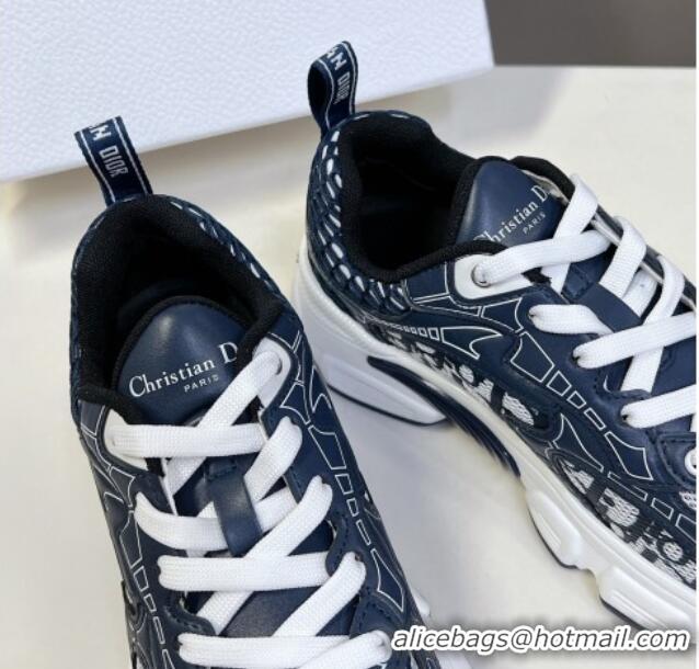 Good Quality Dior Vibe Sneakers in Mesh Printed with Oblique Motif and Leather-Effect Panels Dark Blue 905047