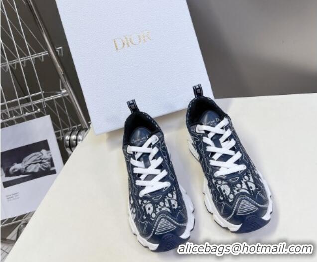 Good Quality Dior Vibe Sneakers in Mesh Printed with Oblique Motif and Leather-Effect Panels Dark Blue 905047