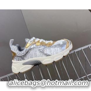 Good Looking Dior Vibe Sneakers in Mesh Printed with Oblique Motif and Leather-Effect Panels Silver/Gold 905049