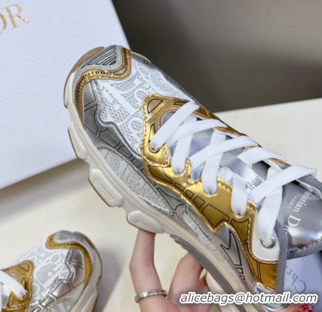 Good Looking Dior Vibe Sneakers in Mesh Printed with Oblique Motif and Leather-Effect Panels Silver/Gold 905049