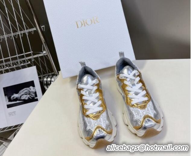 Good Looking Dior Vibe Sneakers in Mesh Printed with Oblique Motif and Leather-Effect Panels Silver/Gold 905049