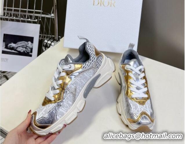 Good Looking Dior Vibe Sneakers in Mesh Printed with Oblique Motif and Leather-Effect Panels Silver/Gold 905049