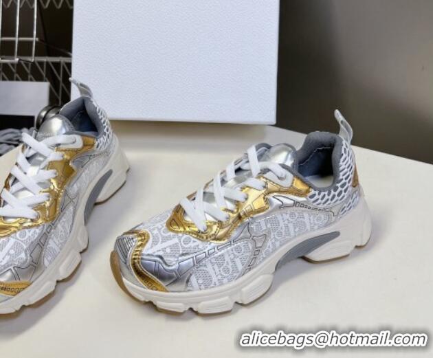 Good Looking Dior Vibe Sneakers in Mesh Printed with Oblique Motif and Leather-Effect Panels Silver/Gold 905049