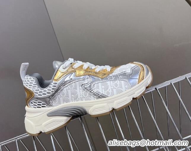 Good Looking Dior Vibe Sneakers in Mesh Printed with Oblique Motif and Leather-Effect Panels Silver/Gold 905049