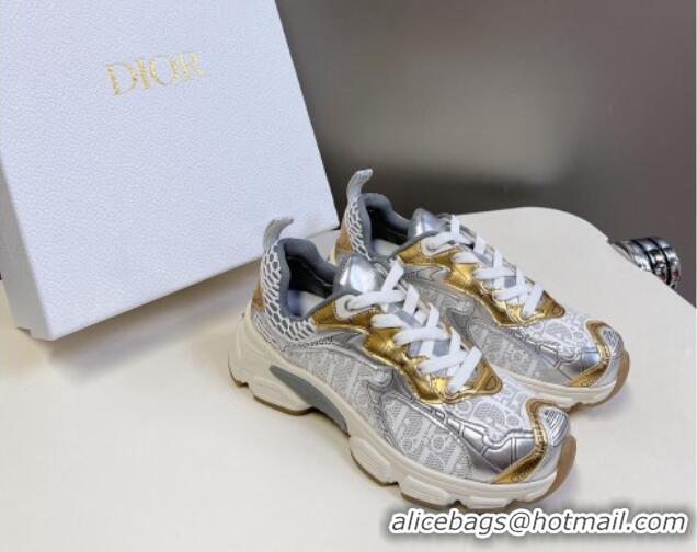 Good Looking Dior Vibe Sneakers in Mesh Printed with Oblique Motif and Leather-Effect Panels Silver/Gold 905049