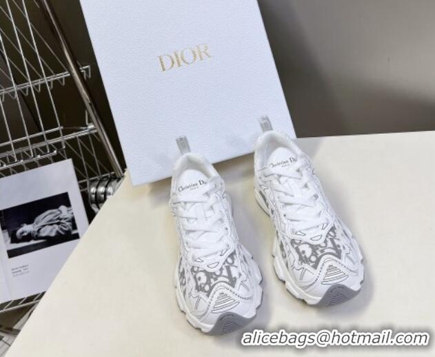 Pretty Style Dior Vibe Sneakers in Mesh Printed with Oblique Motif and Leather-Effect Panels White/Grey 905051