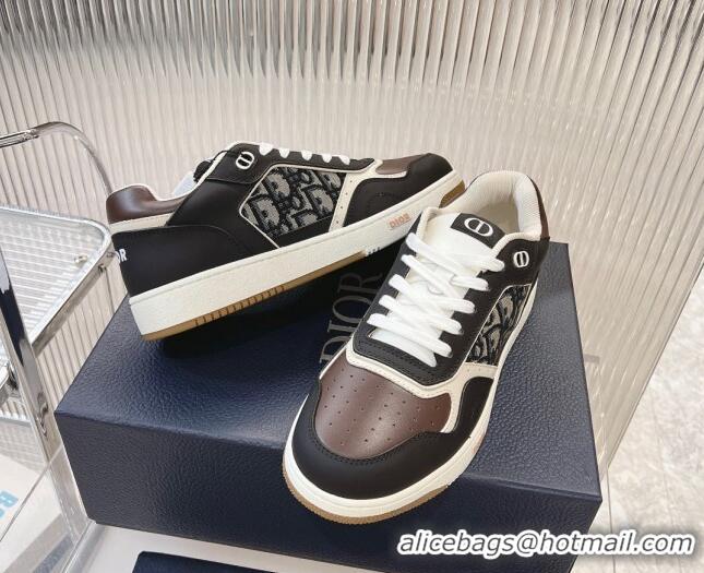 Shop Duplicate Dior B27 Low-Top Sneakers in Smooth Calfskin with Oblique Jacquard Black/brown 905059