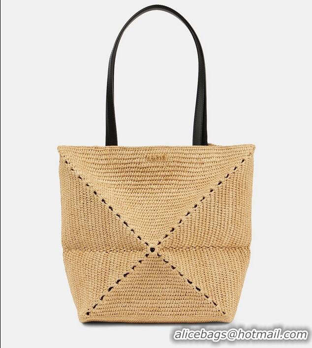 Trendy Design Loewe Medium Puzzle Fold Raffia Tote Bag 9030 Beige