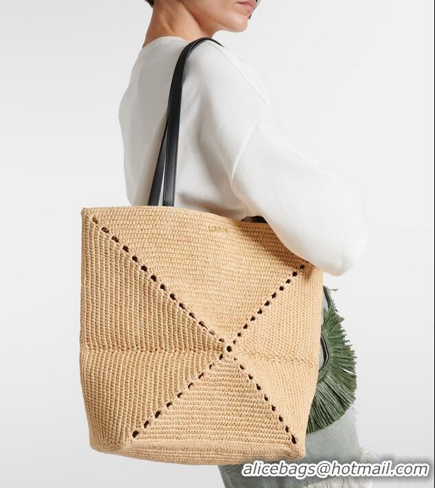 Trendy Design Loewe Medium Puzzle Fold Raffia Tote Bag 9030 Beige