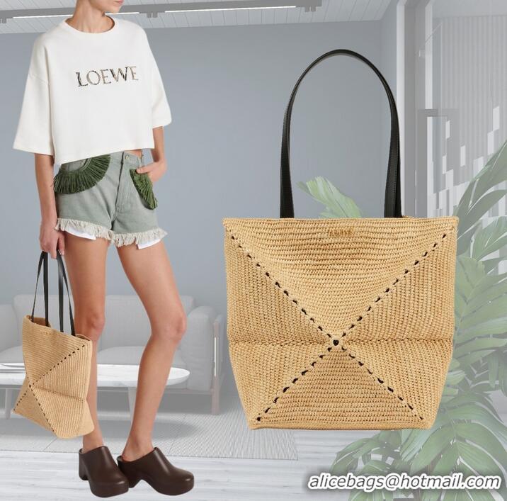 Trendy Design Loewe Medium Puzzle Fold Raffia Tote Bag 9030 Beige