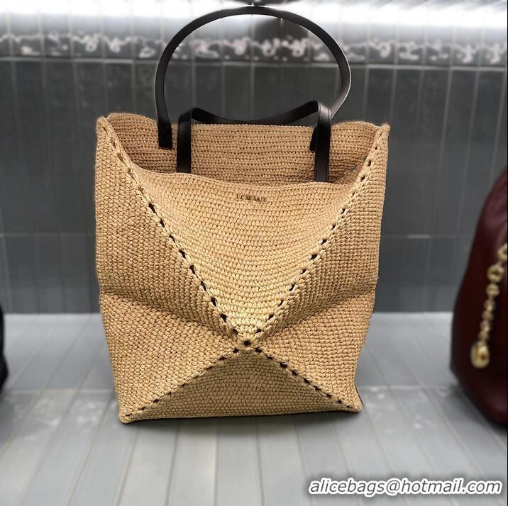 Trendy Design Loewe Medium Puzzle Fold Raffia Tote Bag 9030 Beige