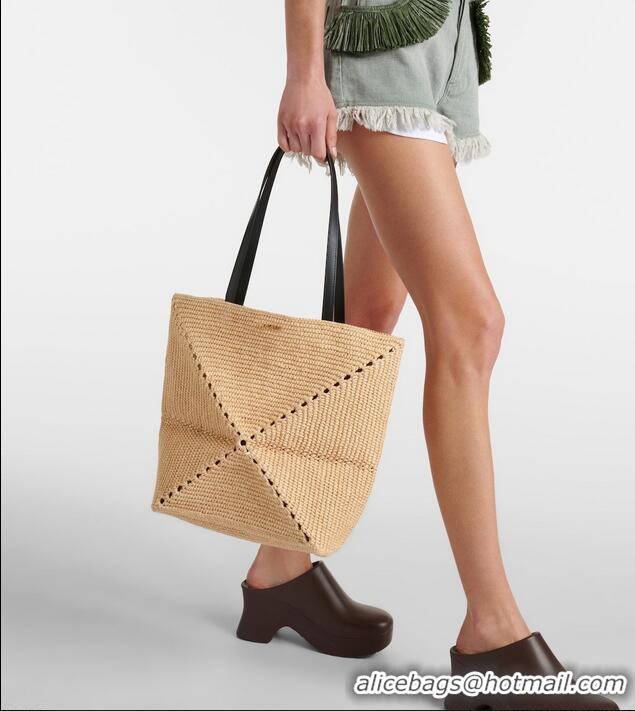 Trendy Design Loewe Medium Puzzle Fold Raffia Tote Bag 9030 Beige