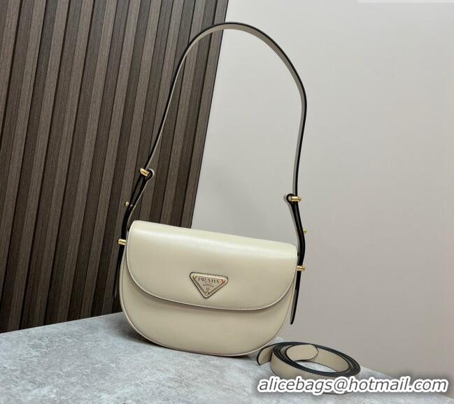 Top Quality Prada Arqué leather moon shoulder bag 1BD365 Cream White 2024