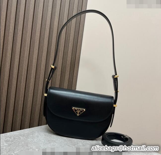 Buy Discount Prada Arque leather moon shoulder bag 1BD365 Black 2024