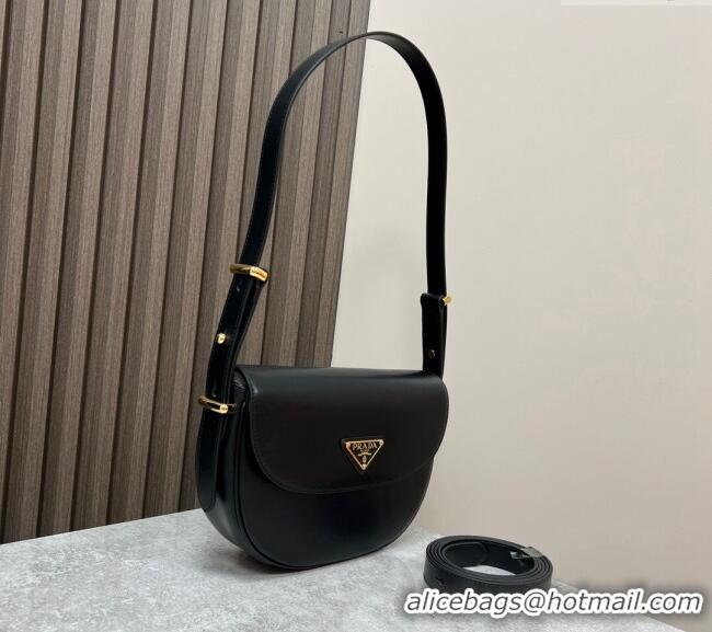 Buy Discount Prada Arque leather moon shoulder bag 1BD365 Black 2024