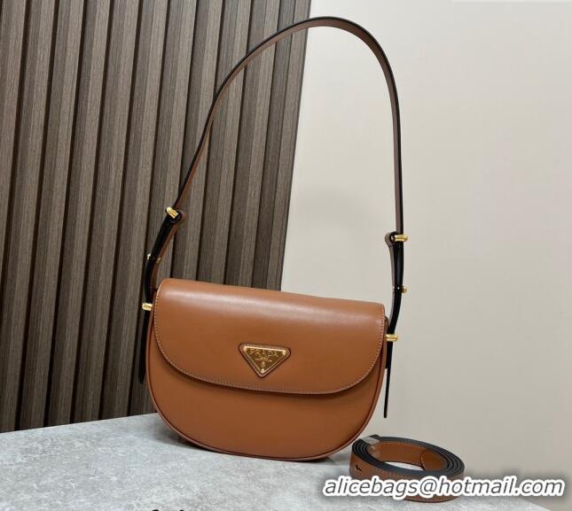 Big Discount Prada Arqué leather moon shoulder bag 1BD365 Cognac Brown 2024