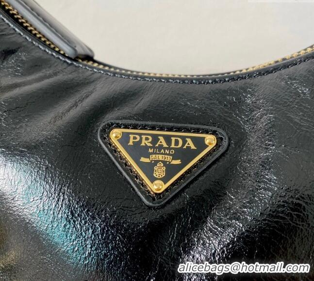 Top Quality Prada Re-Edition 2005 Shiny Leather Hobo Bag 1BC204 Black 2024