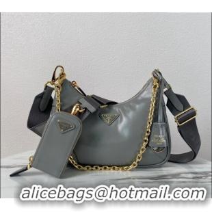 Grade Design Prada Re-Edition 2005 Shiny Leather Hobo Bag 1BC204 Grey 2024