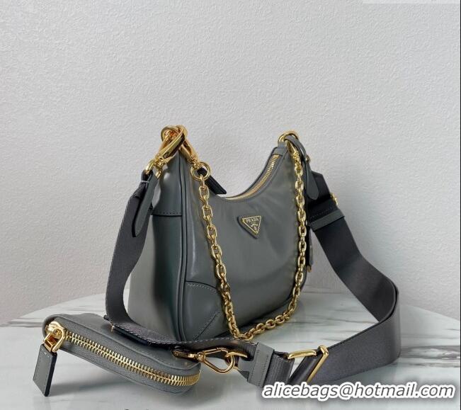 Grade Design Prada Re-Edition 2005 Shiny Leather Hobo Bag 1BC204 Grey 2024