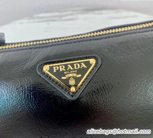 New Fashion Prada Re-Edition 2002 small shiny leather shoulder bag 1BC201 Black 2024