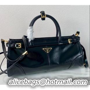 Famous Brand Prada Medium shiny leather top handbag 1BA426 Black 2024