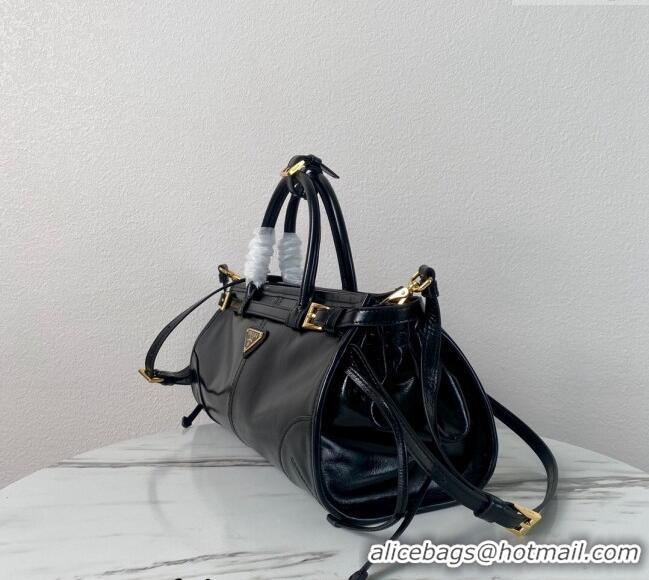 Famous Brand Prada Medium shiny leather top handbag 1BA426 Black 2024