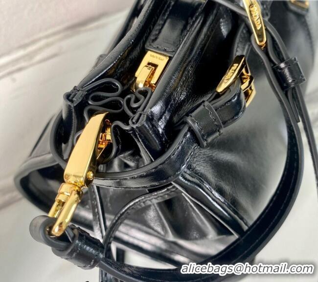 Famous Brand Prada Medium shiny leather top handbag 1BA426 Black 2024