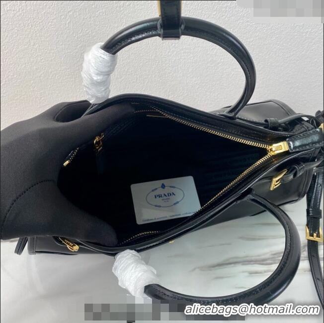 Famous Brand Prada Medium shiny leather top handbag 1BA426 Black 2024