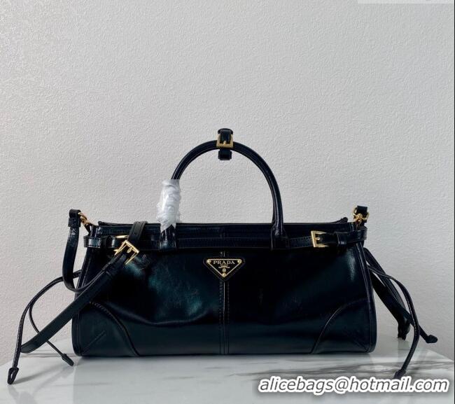 Famous Brand Prada Medium shiny leather top handbag 1BA426 Black 2024