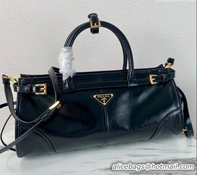 Famous Brand Prada Medium shiny leather top handbag 1BA426 Black 2024