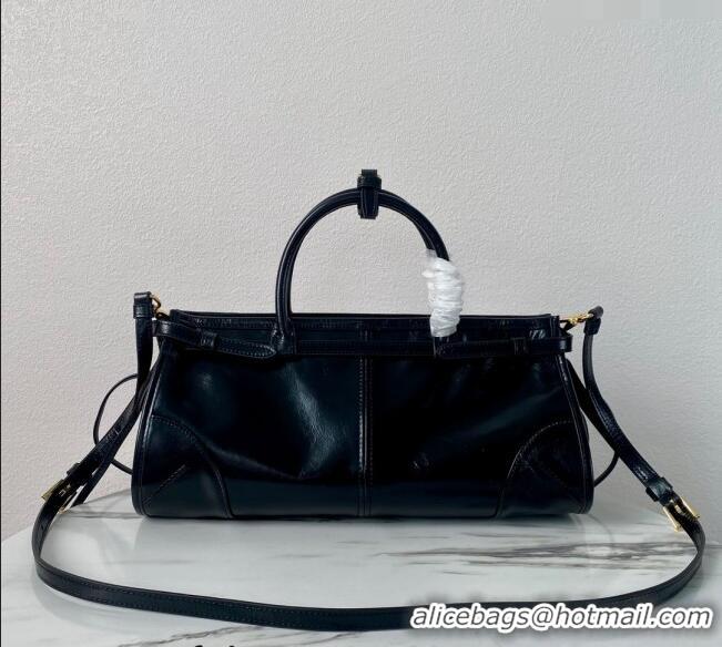 Famous Brand Prada Medium shiny leather top handbag 1BA426 Black 2024