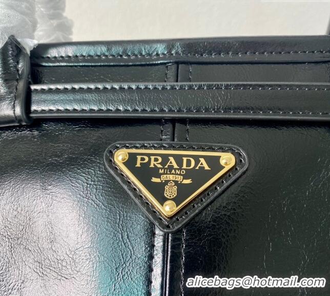 Famous Brand Prada Medium shiny leather top handbag 1BA426 Black 2024