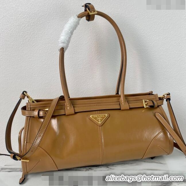 Buy Fashionable Prada Medium shiny leather handbag 1BA426 Brown 2024