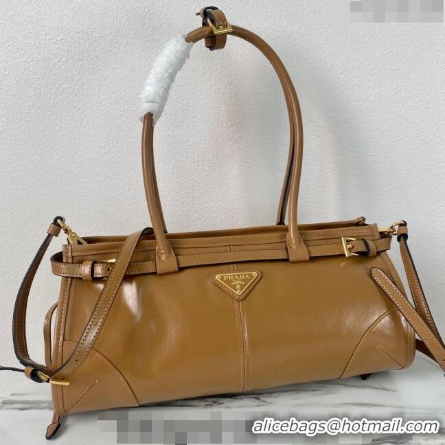 Buy Fashionable Prada Medium shiny leather handbag 1BA426 Brown 2024