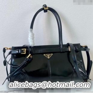 Most Popular Prada Medium shiny leather handbag 1BA426 Black 2024