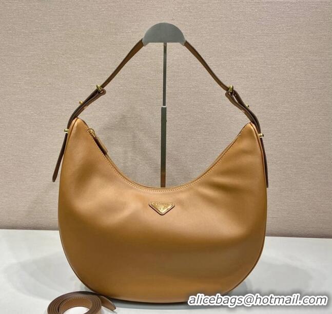 Best Luxury Prada Large leather hobo shoulder bag 1BC212 Caramel Brown 2024