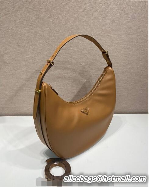 Best Luxury Prada Large leather hobo shoulder bag 1BC212 Caramel Brown 2024