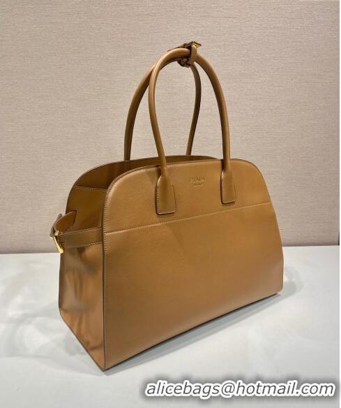 Best Quality Prada Large leather tote bag with buckles 1BG508 Light Brown 2024