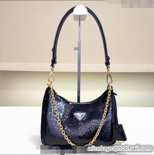 Luxury Cheap Prada Re-Edition Re-Nylon and sequin mini-bag 1BC204 Black 2024