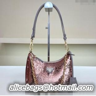 Well Crafted Prada Re-Edition Re-Nylon and sequin mini-bag 1BC204 Pink Gold/Grey 2024