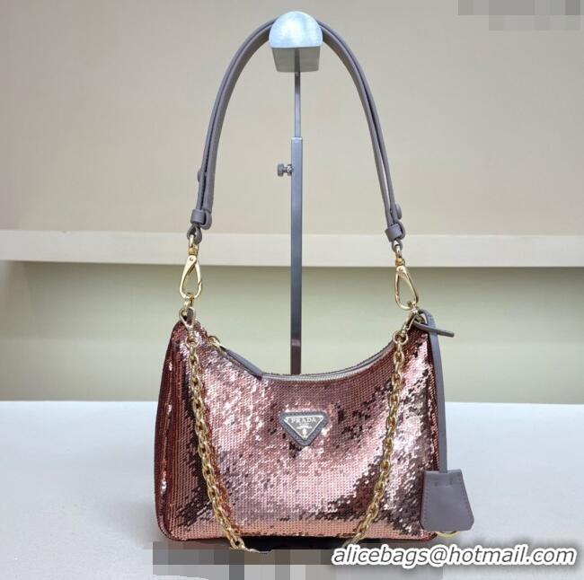 Well Crafted Prada Re-Edition Re-Nylon and sequin mini-bag 1BC204 Pink Gold/Grey 2024