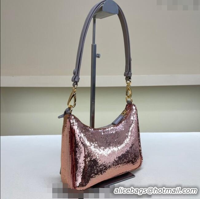 Well Crafted Prada Re-Edition Re-Nylon and sequin mini-bag 1BC204 Pink Gold/Grey 2024