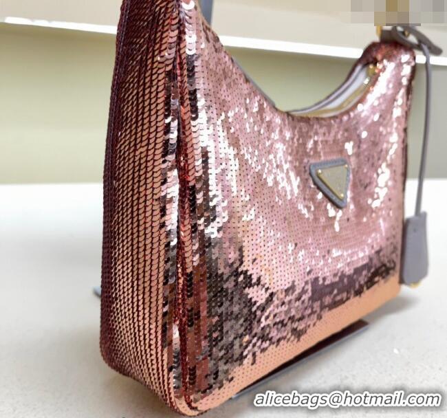 Well Crafted Prada Re-Edition Re-Nylon and sequin mini-bag 1BC204 Pink Gold/Grey 2024