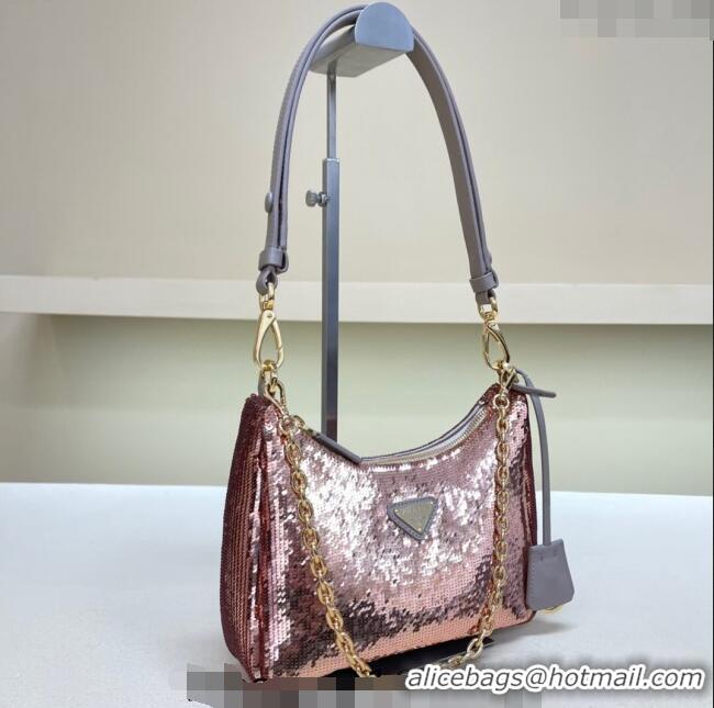 Well Crafted Prada Re-Edition Re-Nylon and sequin mini-bag 1BC204 Pink Gold/Grey 2024