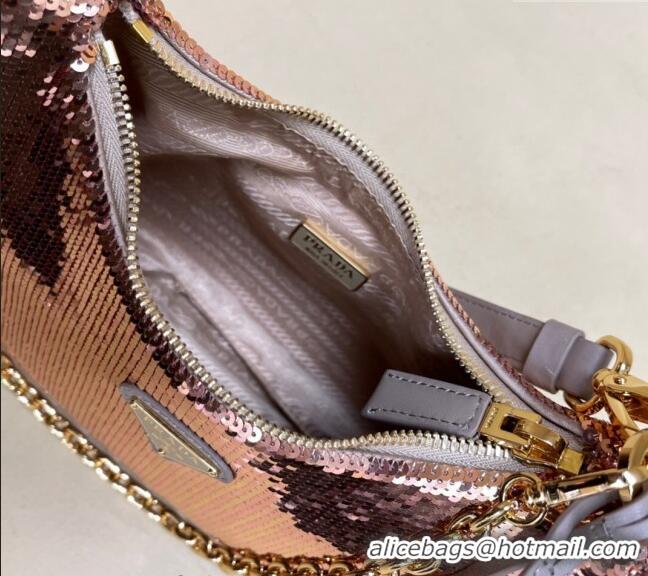 Well Crafted Prada Re-Edition Re-Nylon and sequin mini-bag 1BC204 Pink Gold/Grey 2024